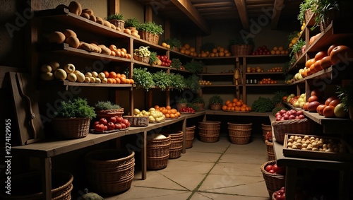 Rustic Root Cellar Filled with Fresh Fruits and Vegetables