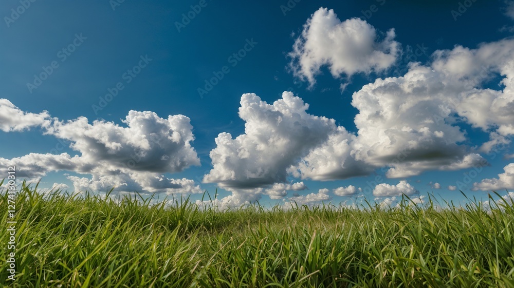 lush green grasses line sides; blue sky with clouds backs ground lush green grasses line sides; blue sky with clouds backs ground
