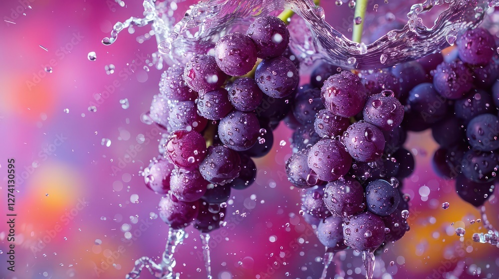 Fresh grapes splashing in water, showcasing vibrant colors and freshness. Fresh grapes splashing in water, showcasing vibrant colors and freshness.