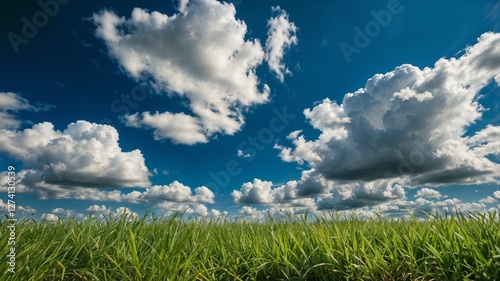 lush green grasses line sides; blue sky with clouds backs ground