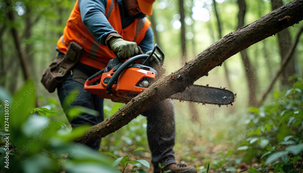 Arborist cuts tree branch with chainsaw in forest. Sawdust flies. Man wears safety gear. Pro logger at work in timberland. Wood cutting job in forestry. Tree maintenance service, limb removal. Arborist cuts tree branch with chainsaw in forest. Sawdust flies. Man wears safety gear. Pro logger at work in timberland. Wood cutting job in forestry. Tree maintenance service, limb removal.