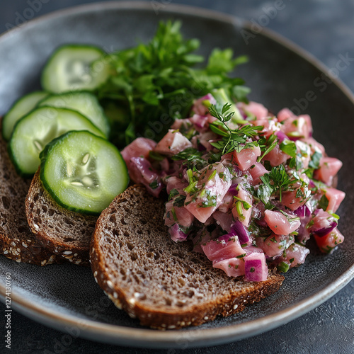  Whole Grain Black Bread with Red Herring Salad and Pickled Cucumbers