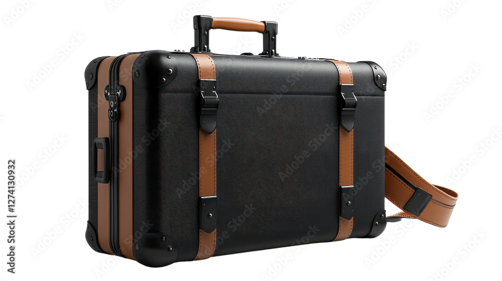 Stylish black suitcase with brown straps and handle, perfect for travel Stylish black suitcase with brown straps and handle, perfect for travel