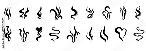 Steam smoke hand drawn line comic doodle. Aroma trail, cloud or wind silhouette. Smells hot air fragrance evaporate set. 