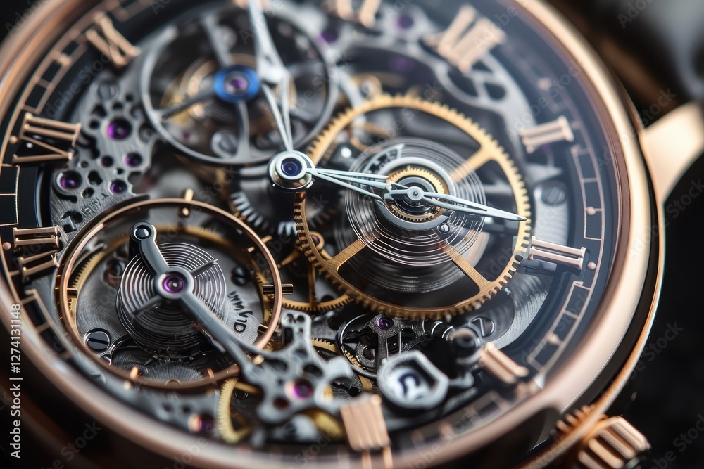 Fototapeta premium Intricate details of a luxury automatic watch being examined closely by a person's hand indoors in soft lighting during the evening hours
