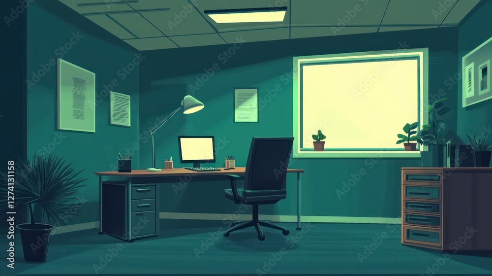 Fototapeta premium Night office scene with desk, computer, and window. Possible use in presentations, posters, or articles about workplace environments