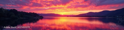 Burning orange and purple sky over calm Nidelva River  Trondheim   autumn  calm