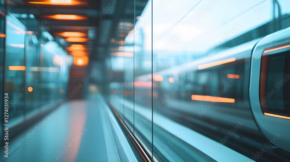 Fototapeta premium Abstract view of a high speed train captured from a glass window at the station