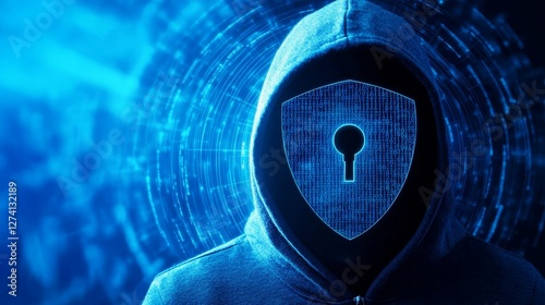 Security and Cyber Protection - Hooded figure with a shield and keyhole, symbolizing online security and data protection photo