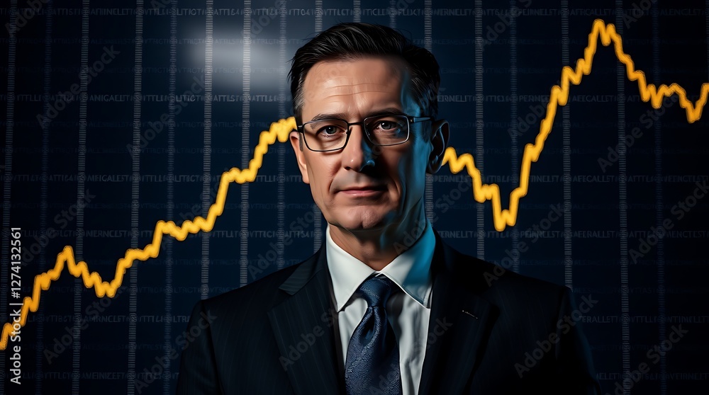 Confident Businessman Analyzing Glowing Data Graph Representing Growth and Strategic Success Confident Businessman Analyzing Glowing Data Graph Representing Growth and Strategic Success