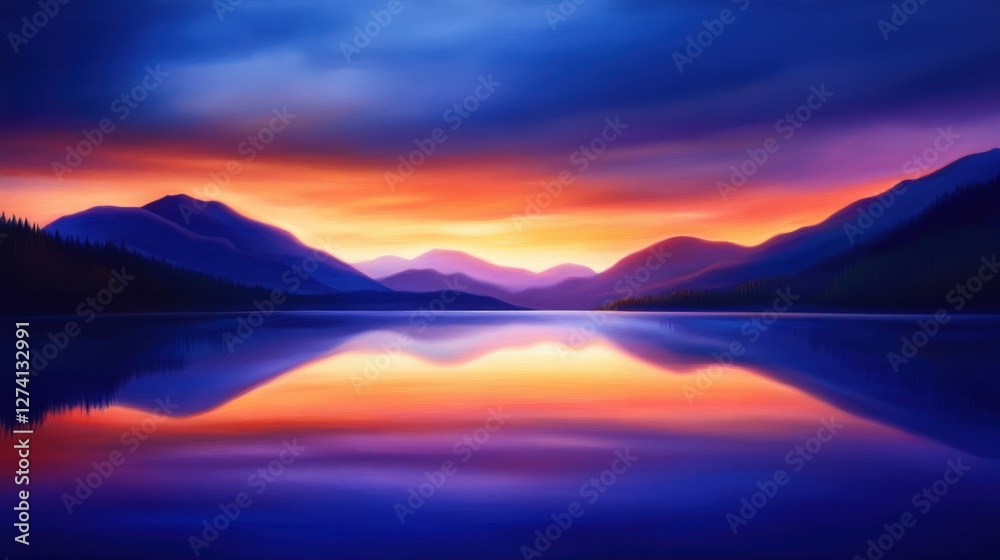 Fototapeta premium A stunning sunset reflection over a serene lake surrounded by majestic mountains