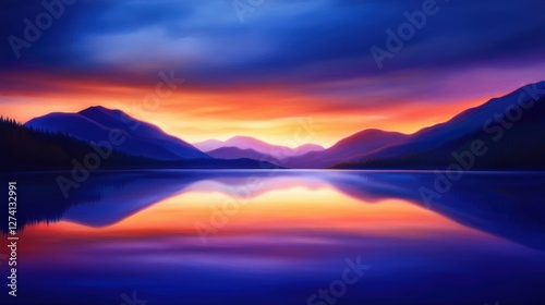 A stunning sunset reflection over a serene lake surrounded by majestic mountains