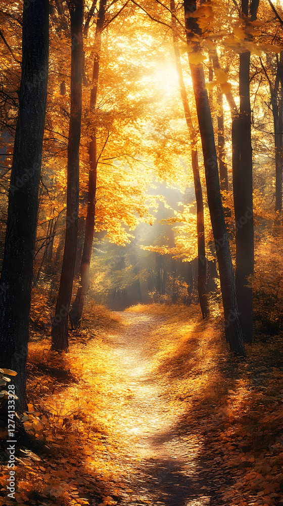 Obraz premium A forest in autumn, with trees of various colors and leaves falling to the ground, creating an enchanting landscape 