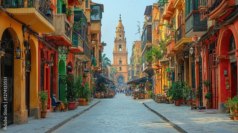 Fototapeta premium Vibrant Cadiz Street, Spain: Colorful Buildings and Cathedral View