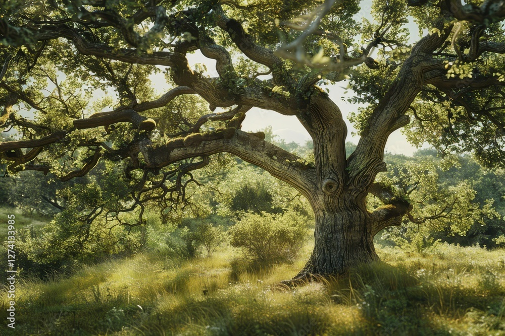 Fototapeta premium Mighty oak tree standing tall in an enchanting forest under soft sunlight filtering through the leaves