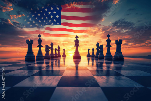 Chessboard with chess pieces silhouetted against sunset with American flag waving in background. Concept of strategy, leadership, power and political influence