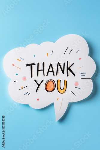 White paper speech bubble with message Thank You on light blue background