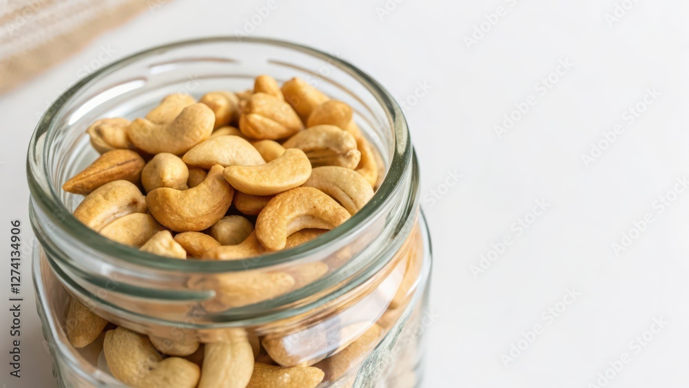 Cashews in Glass Jar on White Background Cashews in Glass Jar on White Background