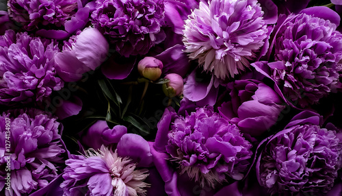 Fototapeta Naklejka Na Ścianę i Meble -  Purple peony flower blossoms background. Rich and vibrant purple peonies create a luxurious floral texture.