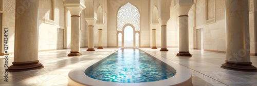Serene Mosque Wudu Area: Architectural Beauty - Tranquil ablution space, symbolic of purity, spirituality, cleansing, serenity, and devotion. A beautifully designed wudu area in a mosque