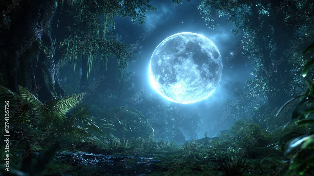 Enchanting Full Moon Over Lush Tropical Jungle Illuminates Night Sky Enchanting Full Moon Over Lush Tropical Jungle Illuminates Night Sky