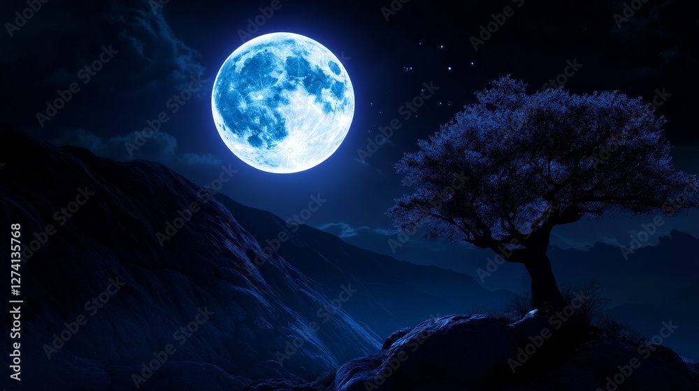 Serene Night Under Blue Moon - Majestic blue moon illuminating a solitary tree on a mountaintop under a starry night sky. Tranquil and peaceful scene Serene Night Under Blue Moon - Majestic blue moon illuminating a solitary tree on a mountaintop under a starry night sky. Tranquil and peaceful scene