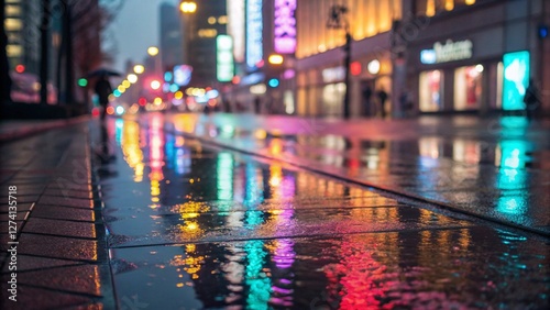 Dramatic nighttime photograph of a wet city street reflecting the illuminated buildings and street lights. The rain-soaked pavement adds depth and reflection to the urban scene