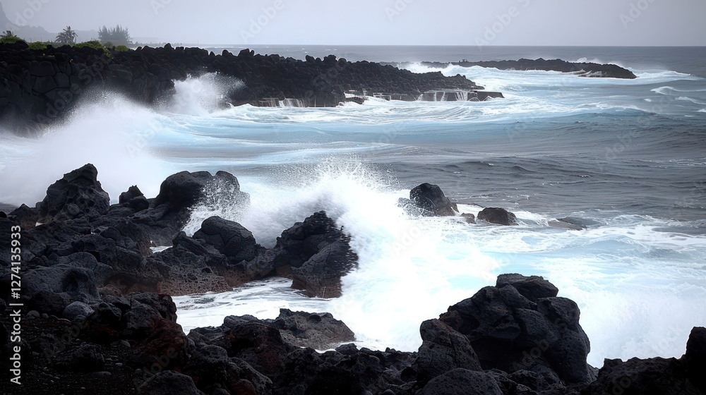 Fototapeta premium A dramatic coastal scene with waves crashing against rocky shores under a gray sky.