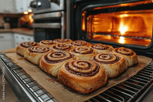 Delicious homemade cinnamon rolls on a baking sheet fresh out of the oven Golden brown and ready to enjoy Sweet treat heaven!