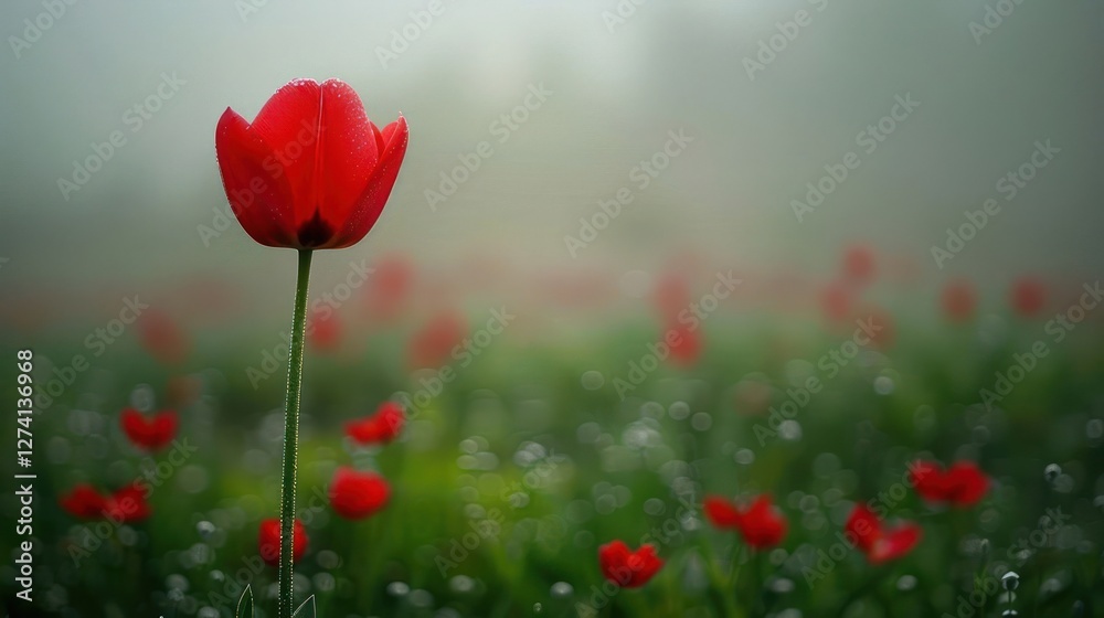 Naklejka premium A single red tulip stands tall amidst a field of tulips in a misty environment.