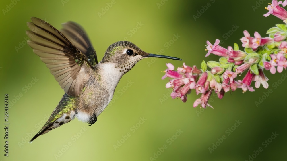 Fototapeta premium Hummingbird in Flight Near Pink Flowers