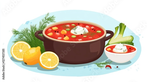 Russion soup,  delicious, healthy dish, colorful photo