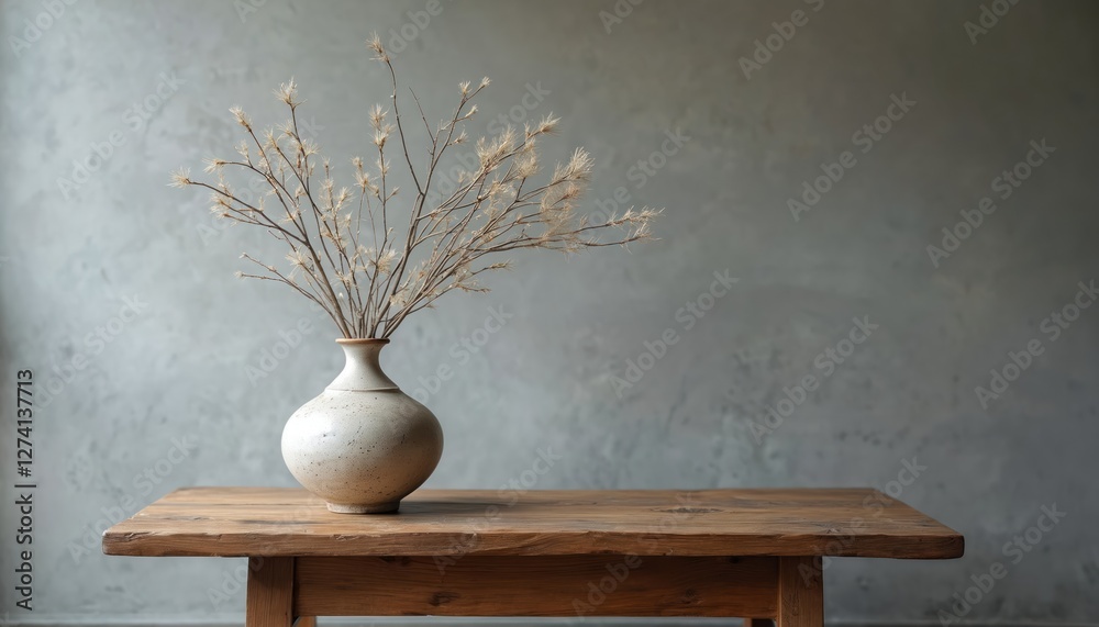 Minimalist wabi sabi style vase with dry branches on wooden table against gray textured wall. Elegant small room decor detail brings warmth, calmness. Sophisticated simplicity, natural aesthetic home Minimalist wabi sabi style vase with dry branches on wooden table against gray textured wall. Elegant small room decor detail brings warmth, calmness. Sophisticated simplicity, natural aesthetic home