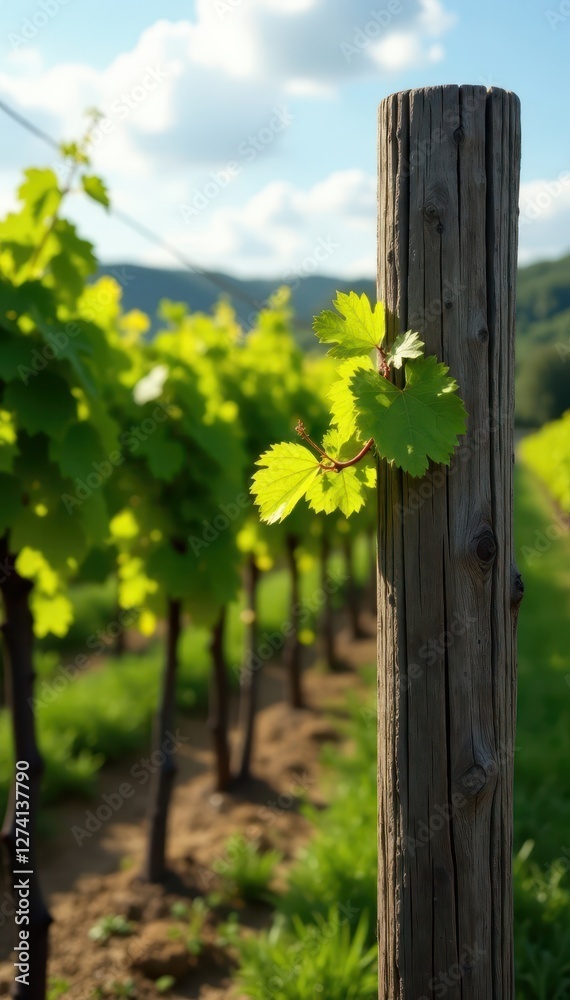 Rustic wooden post, Cabernet Sauvignon vine, sun-drenched vineyard , grape, summer Rustic wooden post, Cabernet Sauvignon vine, sun-drenched vineyard , grape, summer
