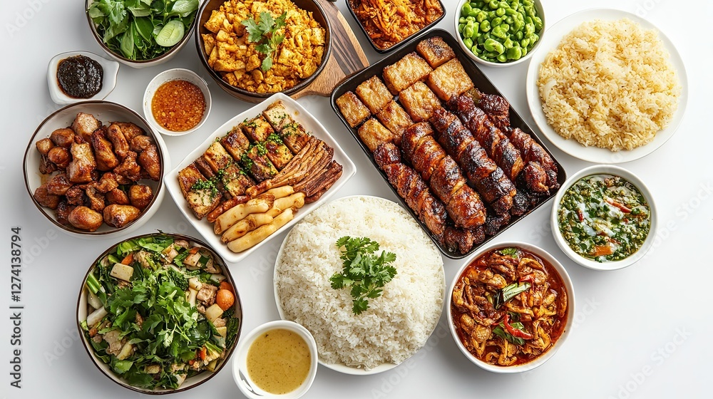Delicious Array of Colorful Dishes Featuring Rice, Meat, and Vegetables on a White Background Delicious Array of Colorful Dishes Featuring Rice, Meat, and Vegetables on a White Background