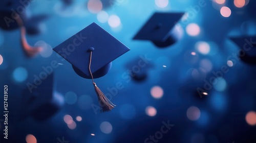 Elegant Graduation Celebration Background with Soft Dark Blue Blur and Bokeh Effects Perfect for Academic Announcements and Commemorative Designs photo