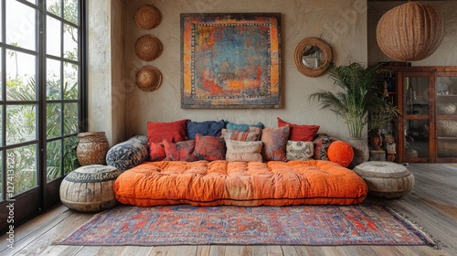 Wallpaper Mural This vibrant living room features a large orange sofa adorned with colorful cushions, surrounded by artistic decor and plants, creating a warm ambiance. Torontodigital.ca