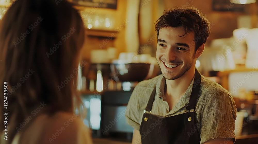 Obraz premium Friendly barista serving coffee to a smiling customer in a cozy caf? setting with warm lighting