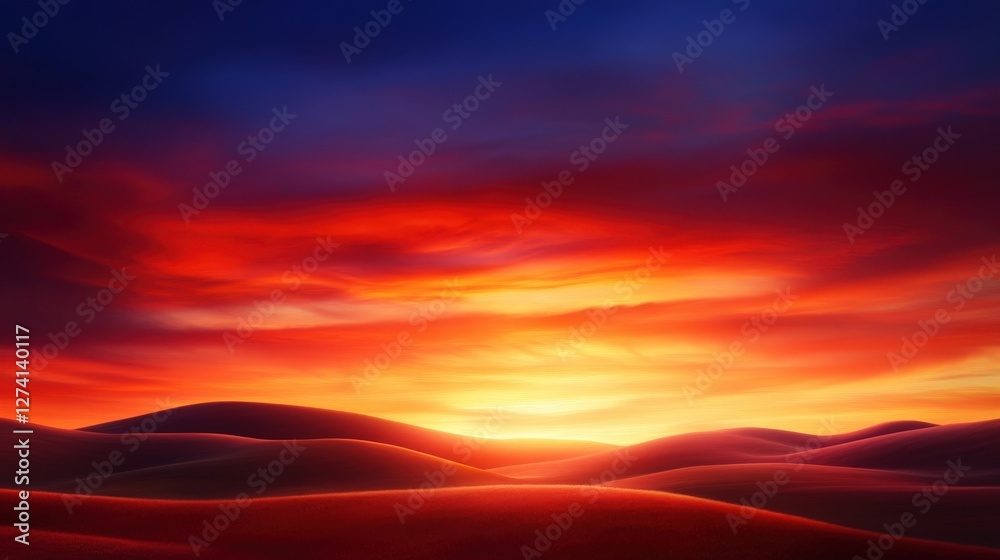 Fototapeta premium A breathtaking sunset over rolling hills, showcasing vibrant hues of orange, red, and purple in the sky. The tranquil landscape captures the beauty of nature's evening spectacle.