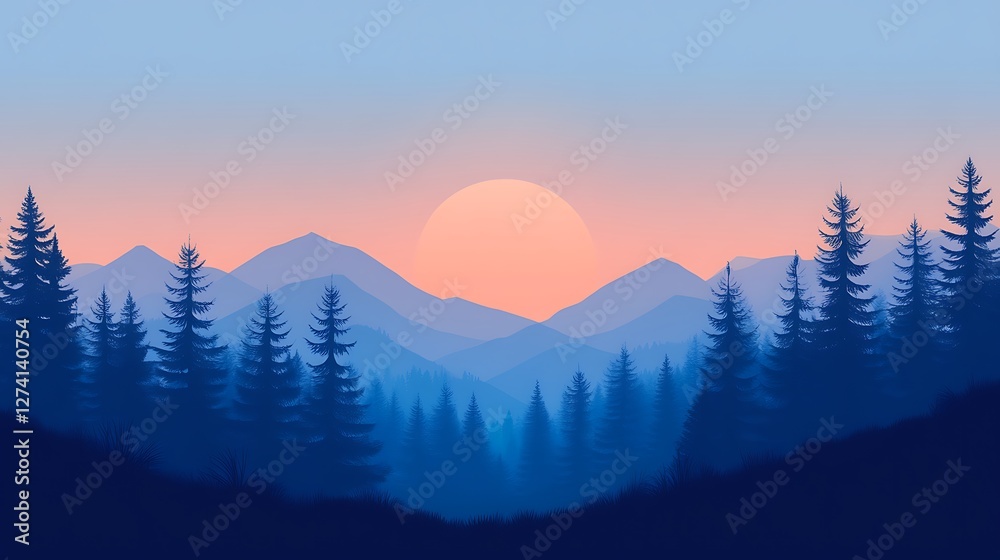 Obraz premium Serene Sunset Over Silhouetted Mountain Forest