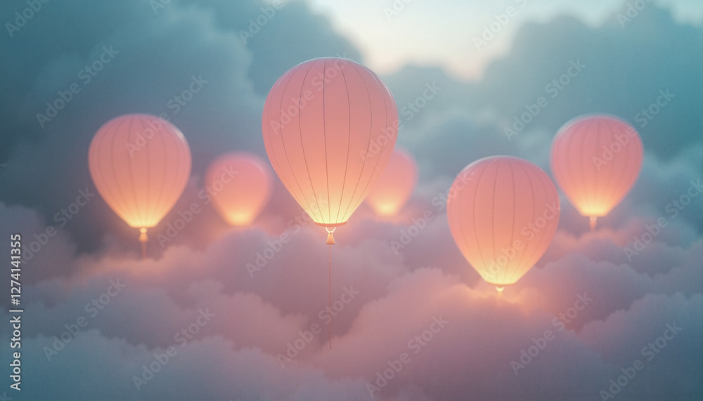 Fototapeta premium Glowing hot air balloons floating among soft clouds