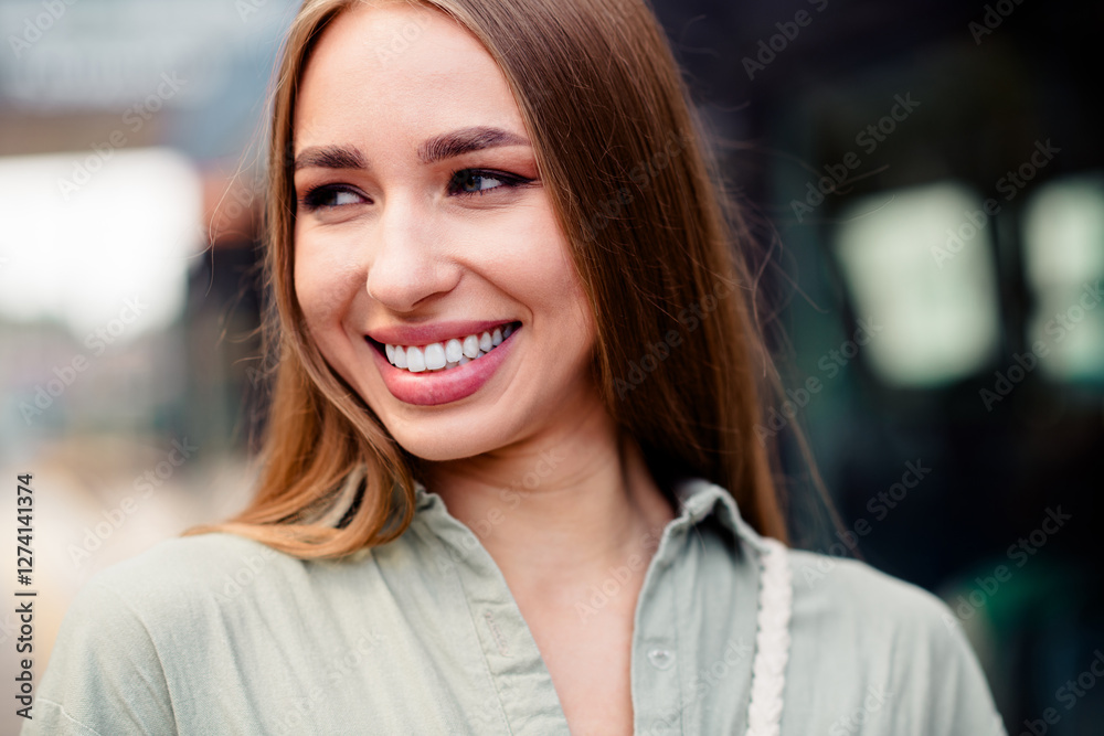 Smiling young woman enjoying a sunny day in the city while exploring as a tourist Smiling young woman enjoying a sunny day in the city while exploring as a tourist
