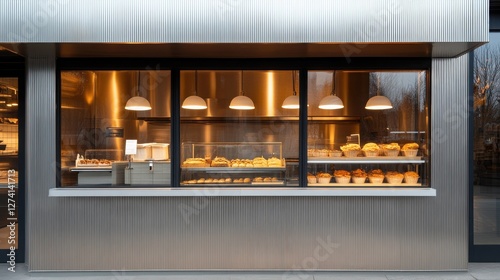 A bakery storefront with a sleek silver exterior, featuring a textured surface that catches light in intricate patterns. 