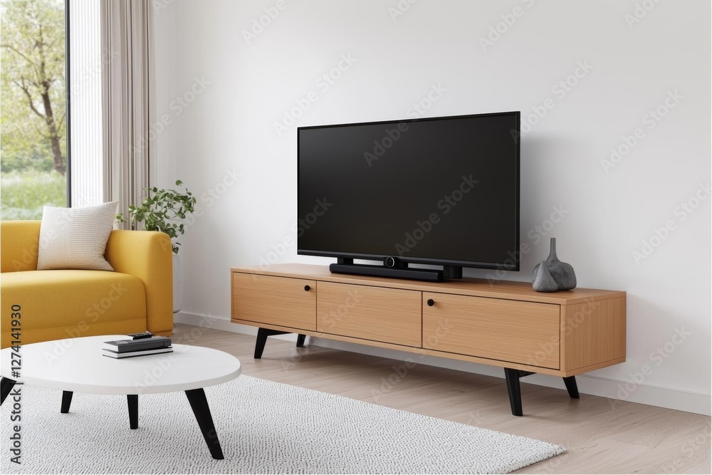 Obraz premium minimal photostock of a TV cabinet and storage space in a living room with a white wall. Generative AI , isolated on white background, , copy space, copy space for text,