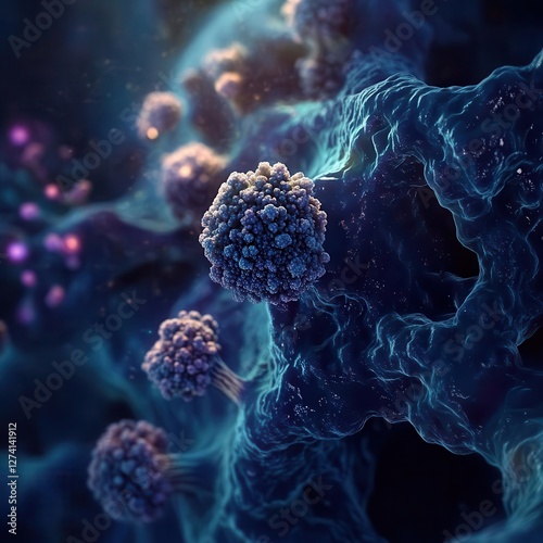 Intricate 3D Visualization of Aggressive Cancer Cells and Tumor Structures in a Scientific Medical Microenvironment with Detailed Textures photo