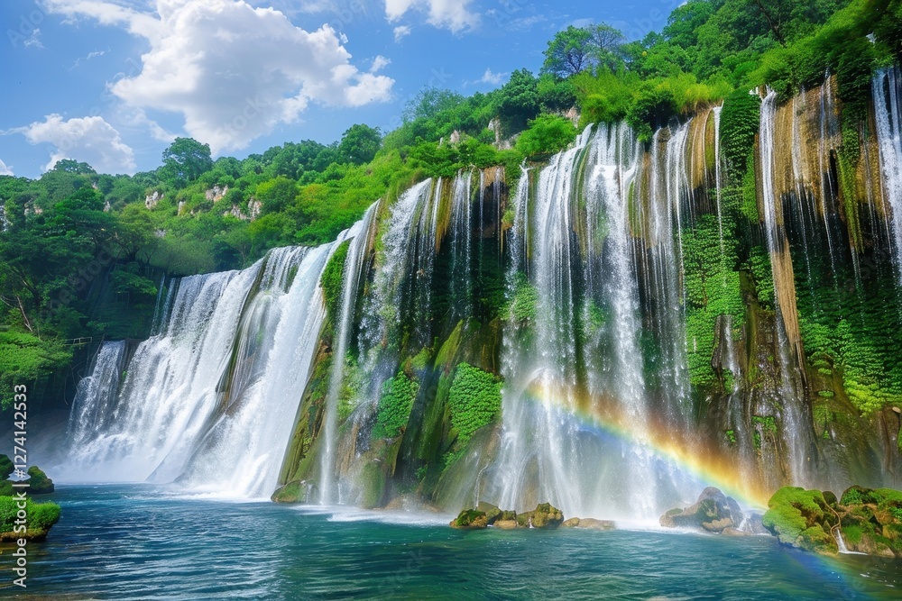 Waterfalls cascade into a tranquil pool surrounded by lush greenery and a vibrant rainbow under a clear blue sky in a natural paradise Waterfalls cascade into a tranquil pool surrounded by lush greenery and a vibrant rainbow under a clear blue sky in a natural paradise
