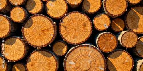 Precisely Sawn Timber Stack, Circular Cross Sections Displaying Detailed Growth Rings, Rich Warm Tones of Wood