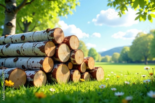 Stack of freshly cut logs resting in a vibrant meadow bathed in sunlight