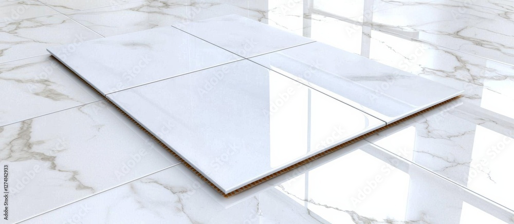 Obraz premium minimal photostock of a of pristine ceramic tile on white marble floor , isolated on white background, , copy space, copy space for text,