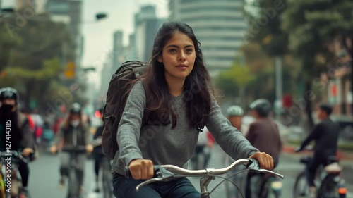 Young latin woman riding bicycle in city traffic